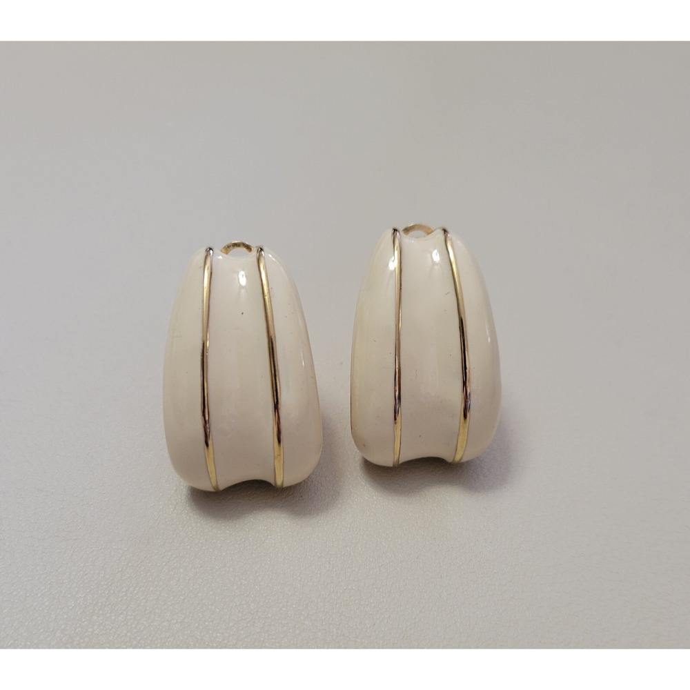 Vintage Erwin‎ Pearl PEP Couture Cream Enamel J Hoop Golden Clip Earrings 1.25"